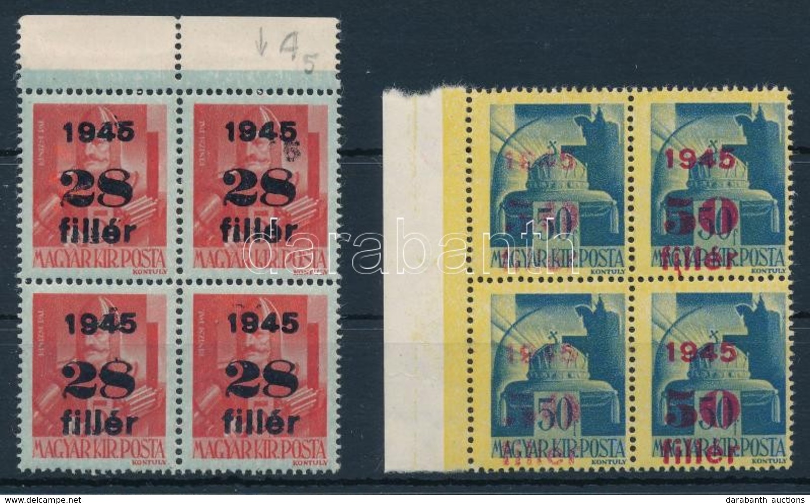 ** 1945 Kisegít? 2 Db Négyestömb Dupla évszámmal Ill. Hiányos Felülnyomattal / Overprint Errors - Altri & Non Classificati