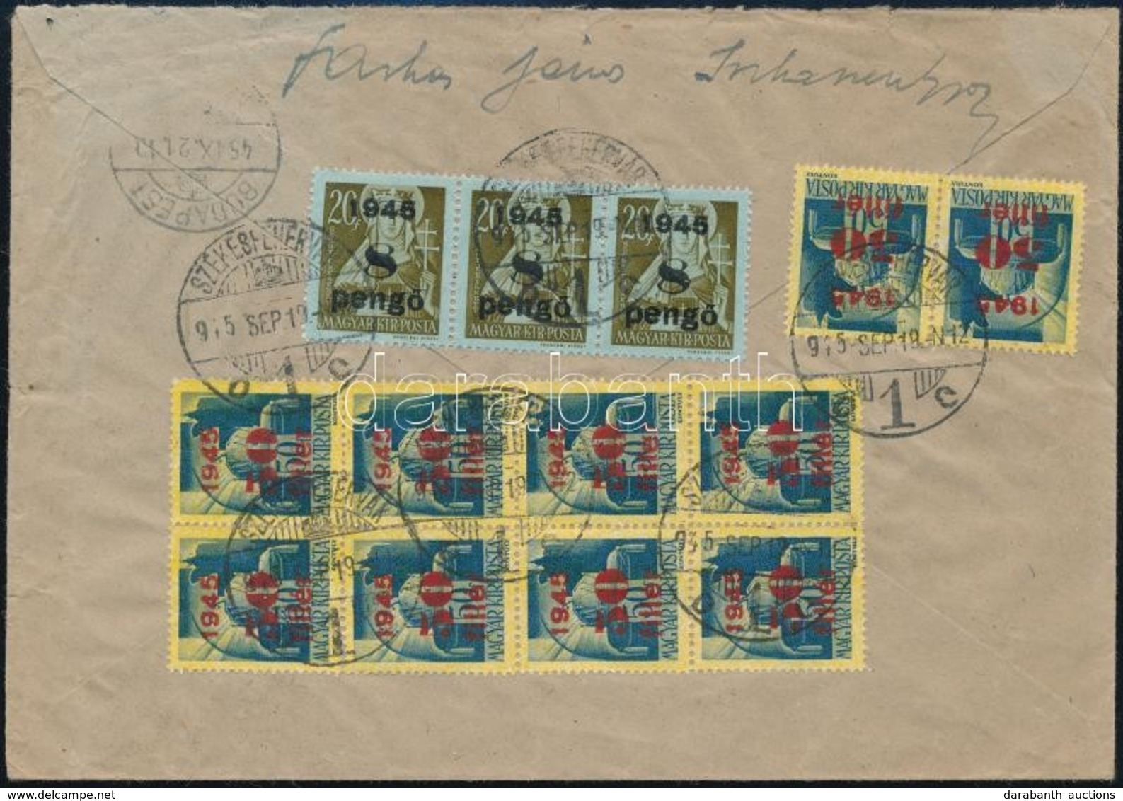 1945 (3. Díjszabás) Ajánlott Levél Szükségragjeggyel és 13 Bélyeggel Budapestre / Registered Cover With 13 Stamps Franki - Other & Unclassified