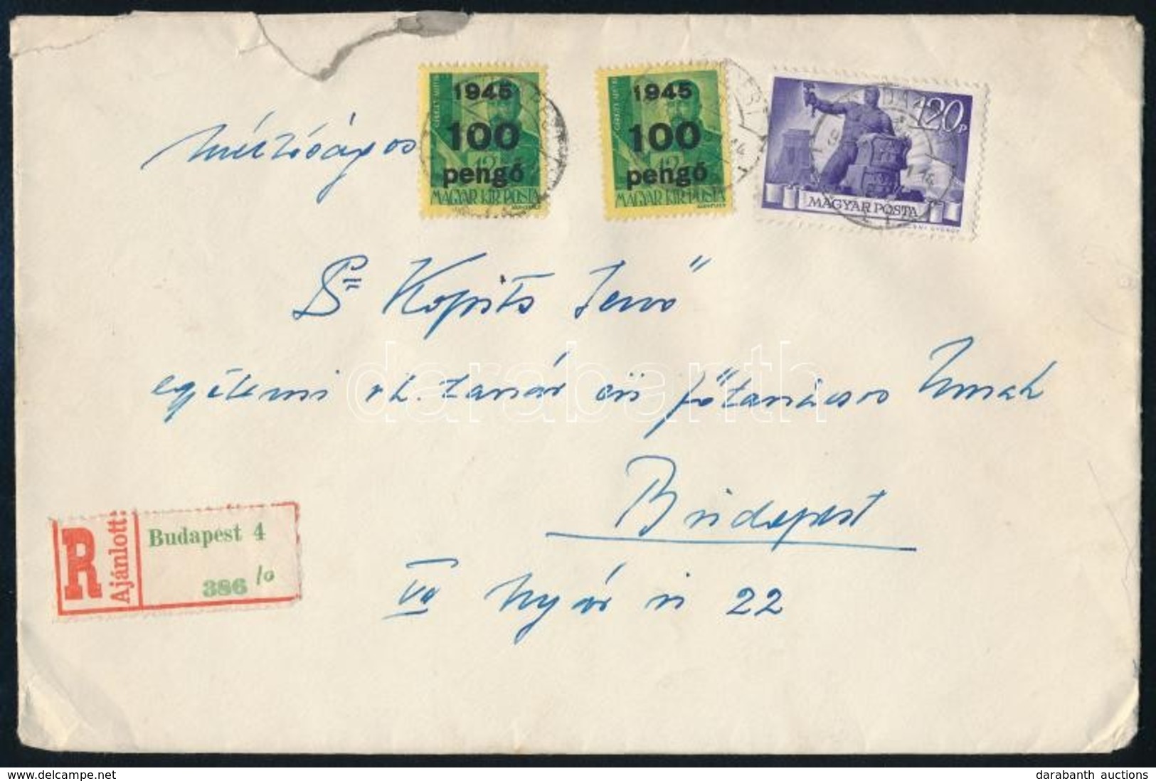 1945 (5. Díjszabás) Budapest Helyi Ajánlott Levél 320P Bérmentesítéssel / Local Registered Cover With 320P Franking - Altri & Non Classificati