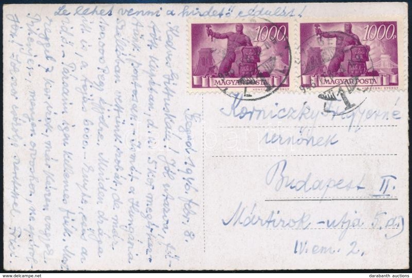1946 (7. Díjszabás) Képeslap 2 X 1000P Bérmentesítéssel / Postcard With 2 X 1000P Franking - Altri & Non Classificati