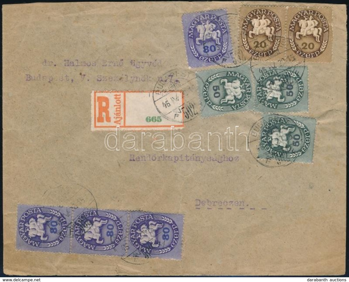 1946 (12. Díjszabás) Ajánlott Levél Szükségragjeggyel és 9 Bélyeges Bérmentesítéssel / Registered Cover With 9 Stamps Fr - Altri & Non Classificati