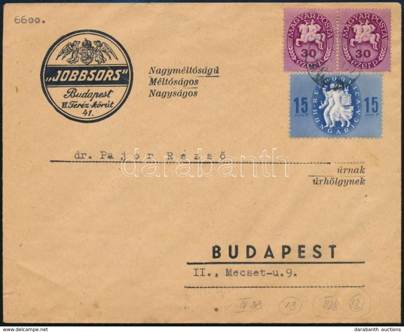 1946 (13. Díjszabás) Budapest Helyi Levél Az El?z? Díjszabás Szerinti Bérmentesítéssel / Local Cover - Altri & Non Classificati