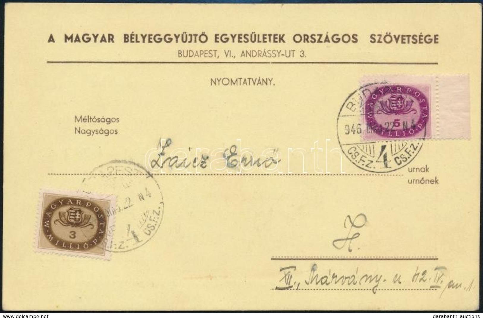 1946 (16. Díjszabás) Helyi Nyomtatvány (meghívó) 8 Millió P Bérmentesítéssel / Local Printed Matter With 8.000.000P Fran - Altri & Non Classificati