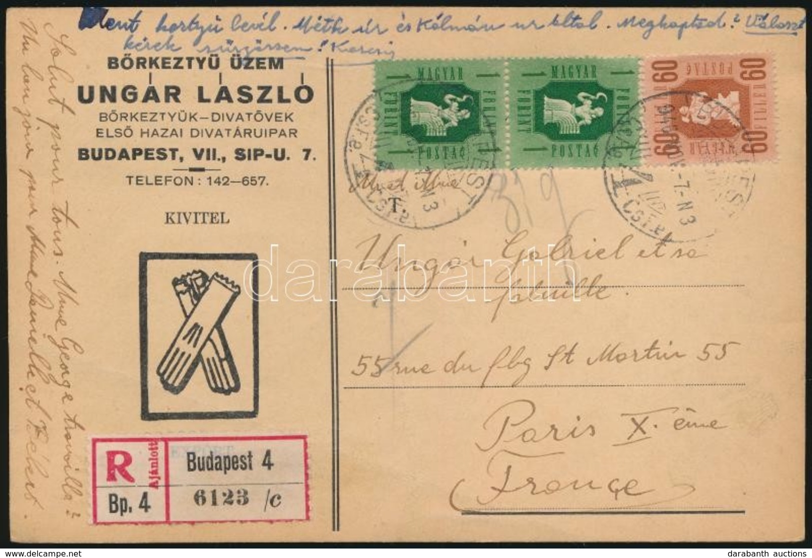 1946 Ajánlott Levél Párizsba, 2,60Ft Bérmentesítéssel / Registered Postcard To Paris - Altri & Non Classificati