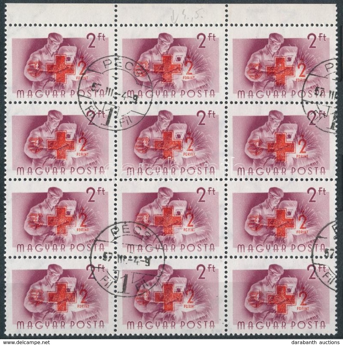 O 1957 Vöröskereszt 2Ft 12-es Tömb 'FORIN' Tévnyomattal / Mi 1487 Block Of 12 With Plate Variety - Altri & Non Classificati