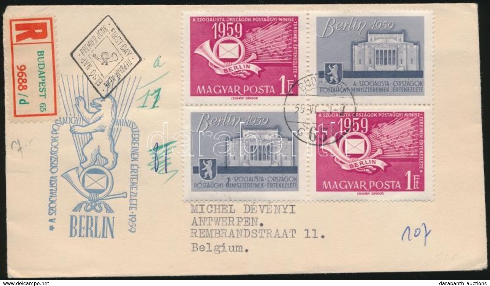 1959 Postaügyi Miniszterek értekezlete Négyestömb Ajánlott FDC-n Belgiumba, Az Fels? Bélyeg Tévnyomattal /  Mi 1592 With - Altri & Non Classificati