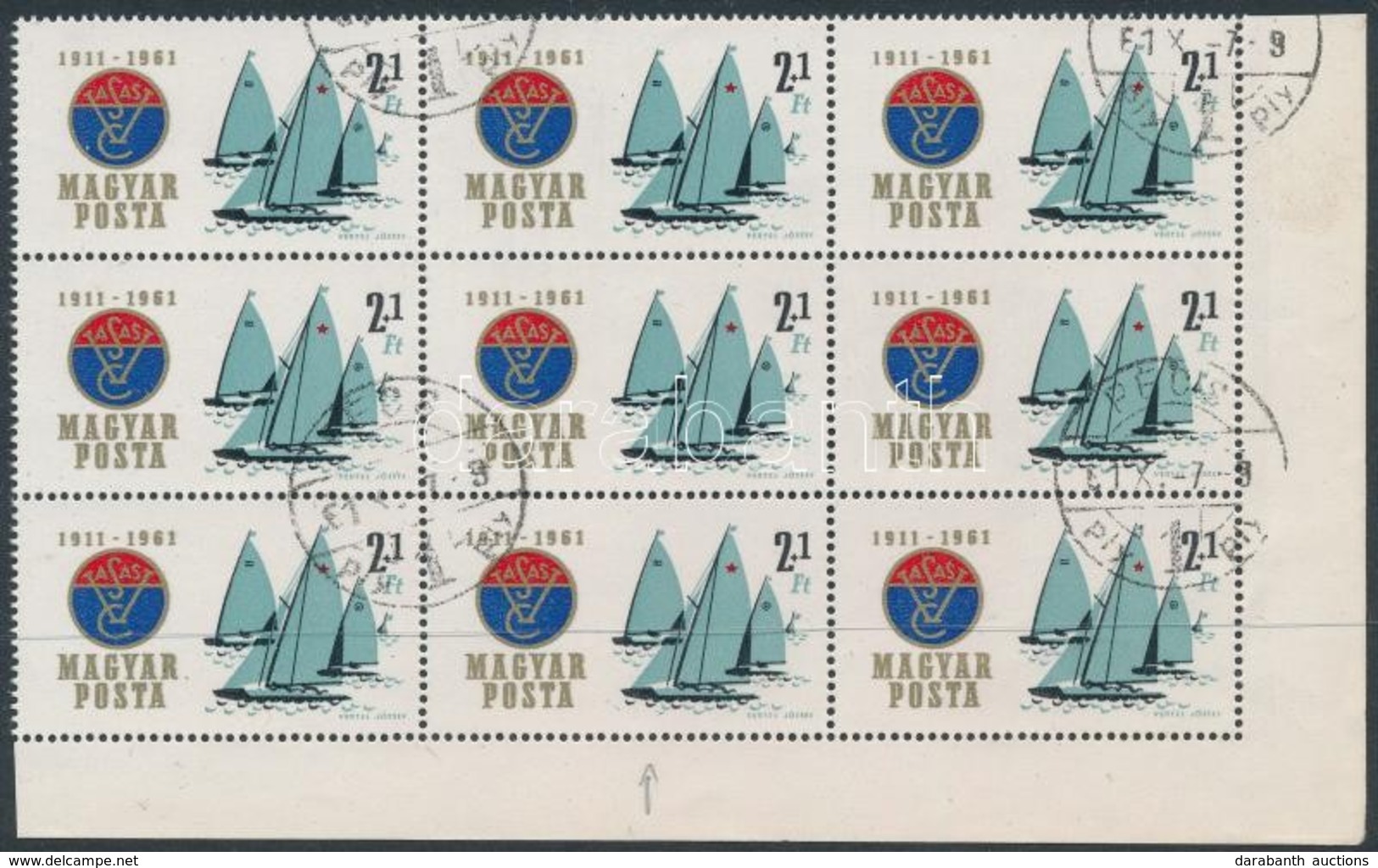 O 1961 Vasas 2+1Ft ívsarki 9-es Tömb, Tévnyomattal / Mi 1775 Corner Block Of 9 With Plate Variety - Other & Unclassified