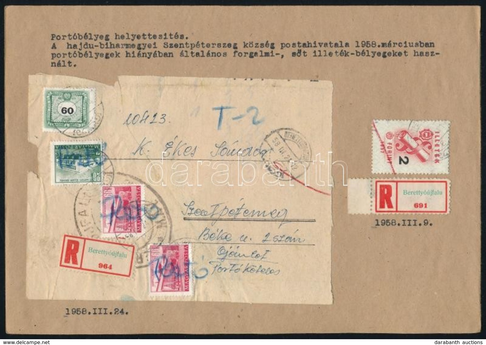 1958 Portóbélyeg Helyettesítés. A Hajdú-Bihar Megyei Szentpéterszeg Község Postahivatala 1958 Márciusában Portóbélyegek  - Altri & Non Classificati