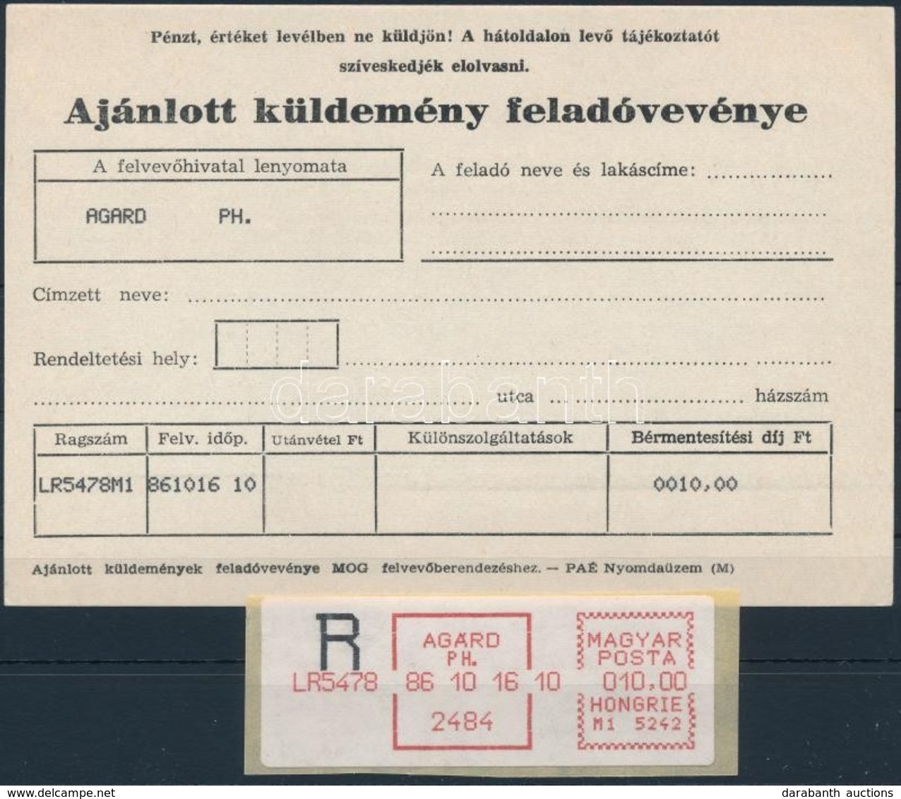 1986 Agárdi Számítógépes Felvev? Munkahely Bérmentesítési Jegy, Használatlan Hozzá Feladóvevény / Unused Registered Self - Altri & Non Classificati