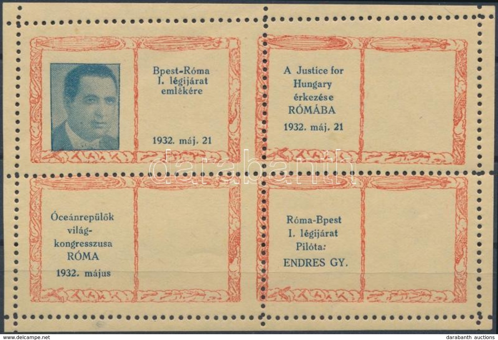 ** 1932/3aa Budapest-Róma-Budapest Légiposta Emlékív (9.000) / Souvenir Sheet - Altri & Non Classificati