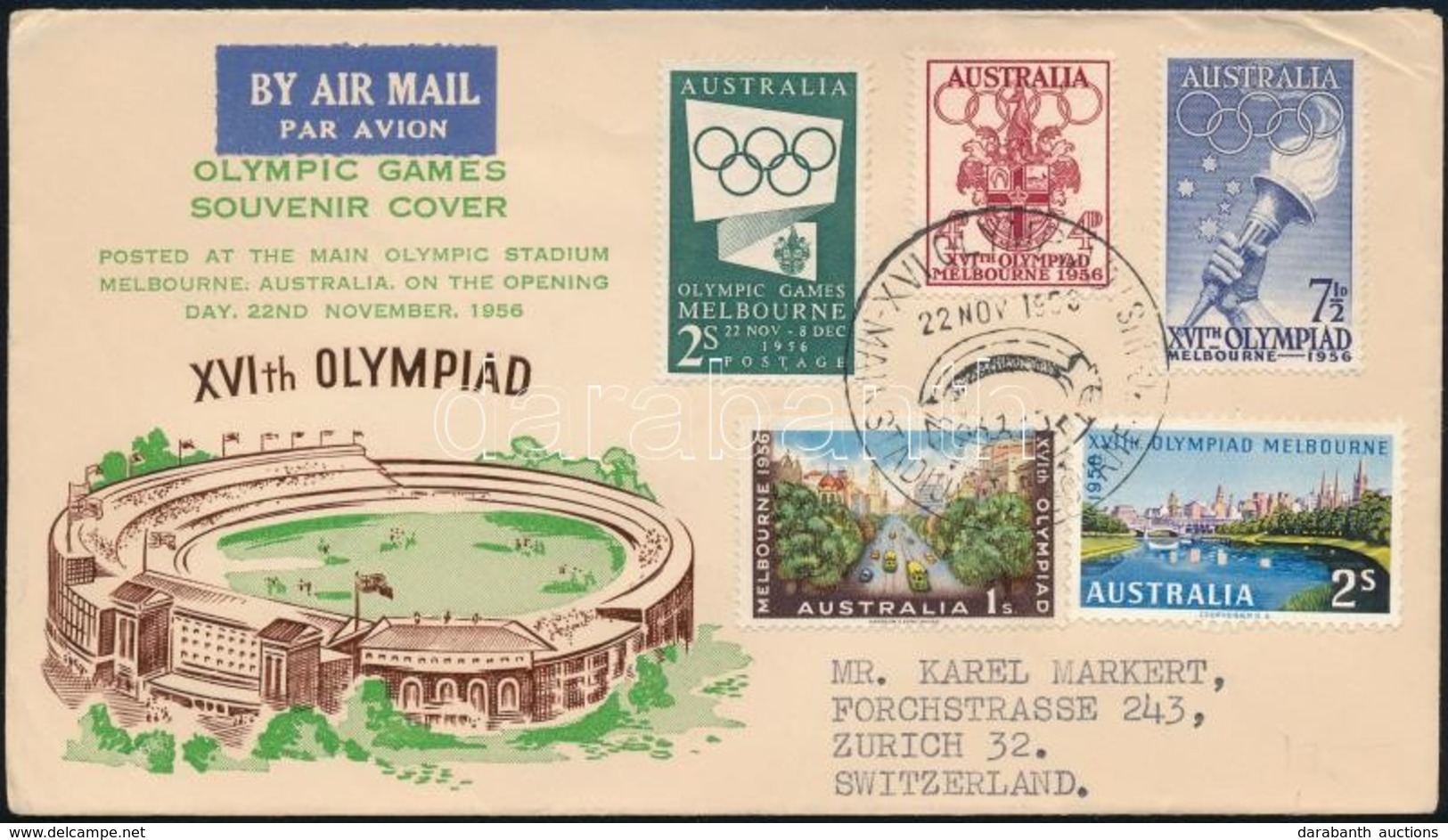 1956 Olimpiai Alkalmi Bélyegzés Levélen / Olympic Games Special Cancellation On Cover To Switzerland - Altri & Non Classificati