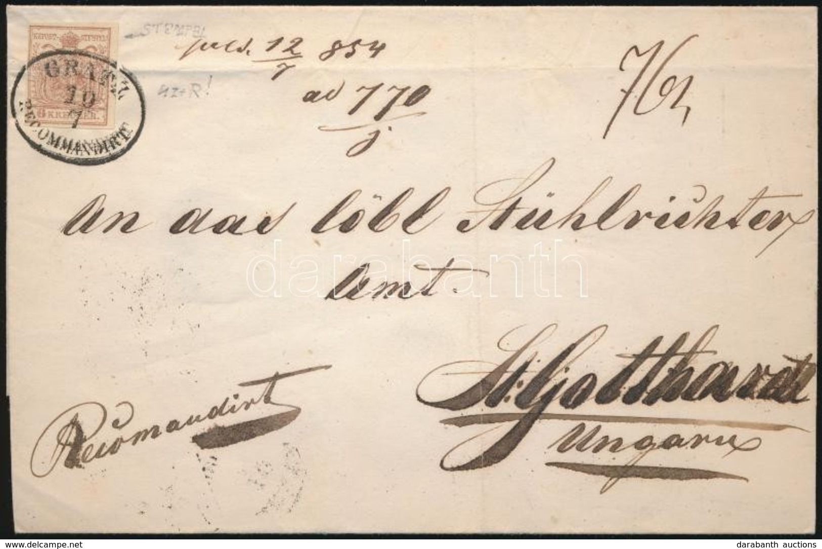 1854 2 X 6kr Ajánlott Levélen (a Hátoldali Bélyeg Elvágva) / On Registered Cover (stamp On The Backside Cut) 'GRATZ RECO - Altri & Non Classificati
