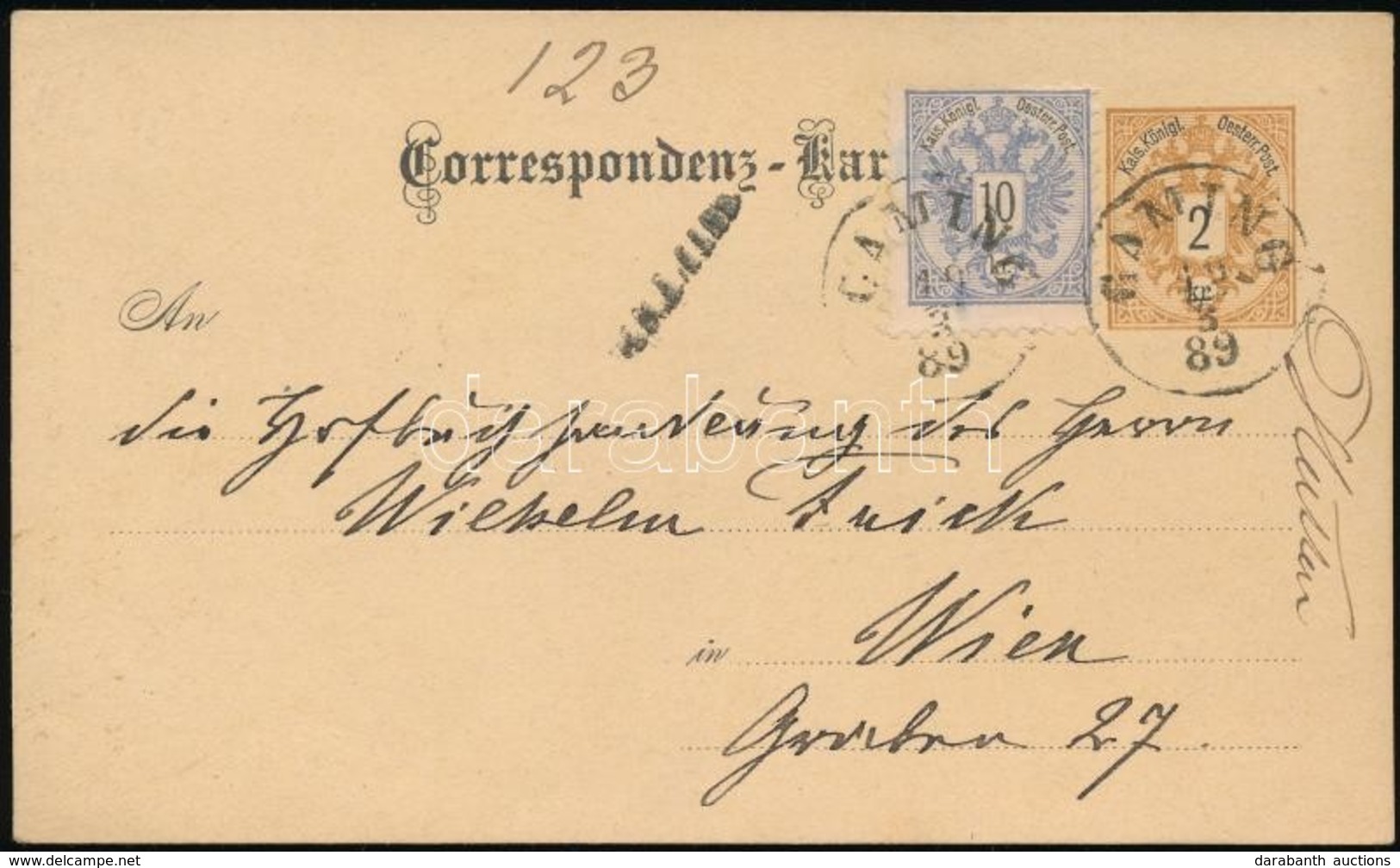 1889 Díjkiegészített Díjjegyes Ajánlott Levelez?lap / PS-card With 10kr Additional Franking As Registered Card 'GAMING'  - Altri & Non Classificati