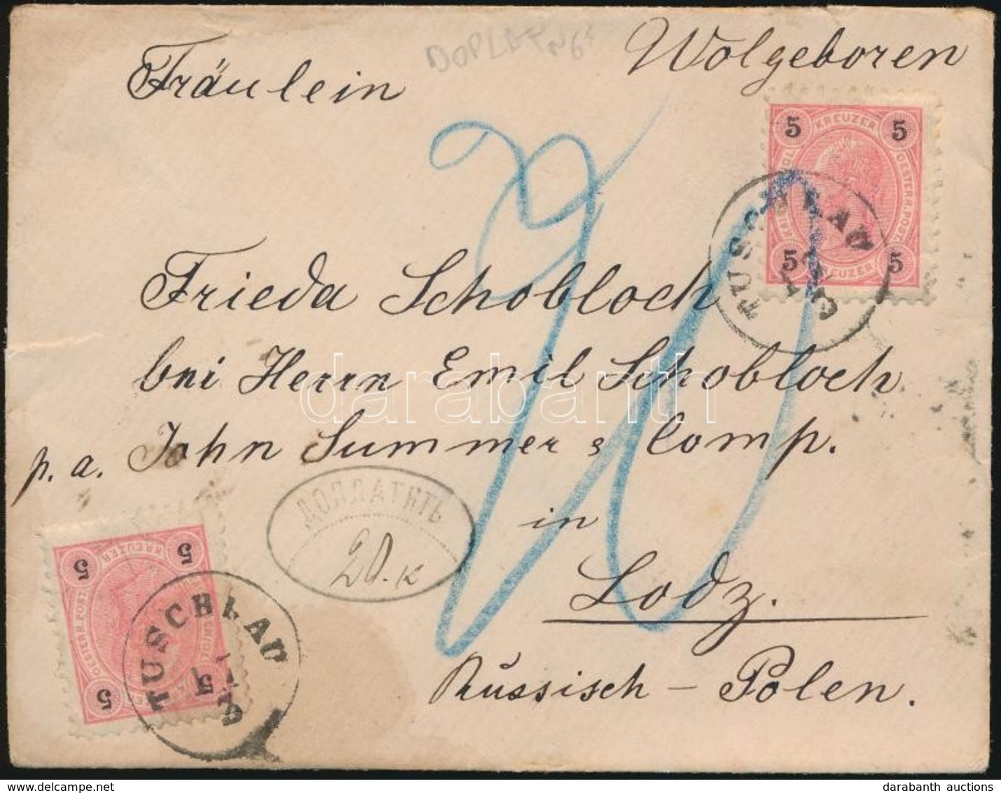 ~1890 Levél Lodzba, Portózva / Cover From Tuschlau To Lodz With 20k Postage Due - Other & Unclassified