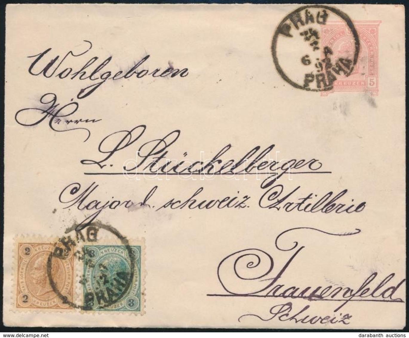 1892 Díjkiegészített Díjjegyes Boríték Svájcba / PS-cover With Additional Franking To Switzerland - Other & Unclassified