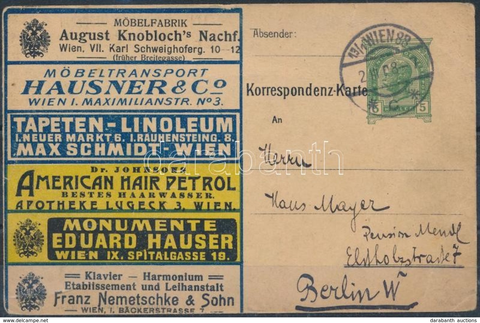 1908 Reklám Díjjegyes Levelez?lap / PS-card 'WIEN' - Berlin - Altri & Non Classificati