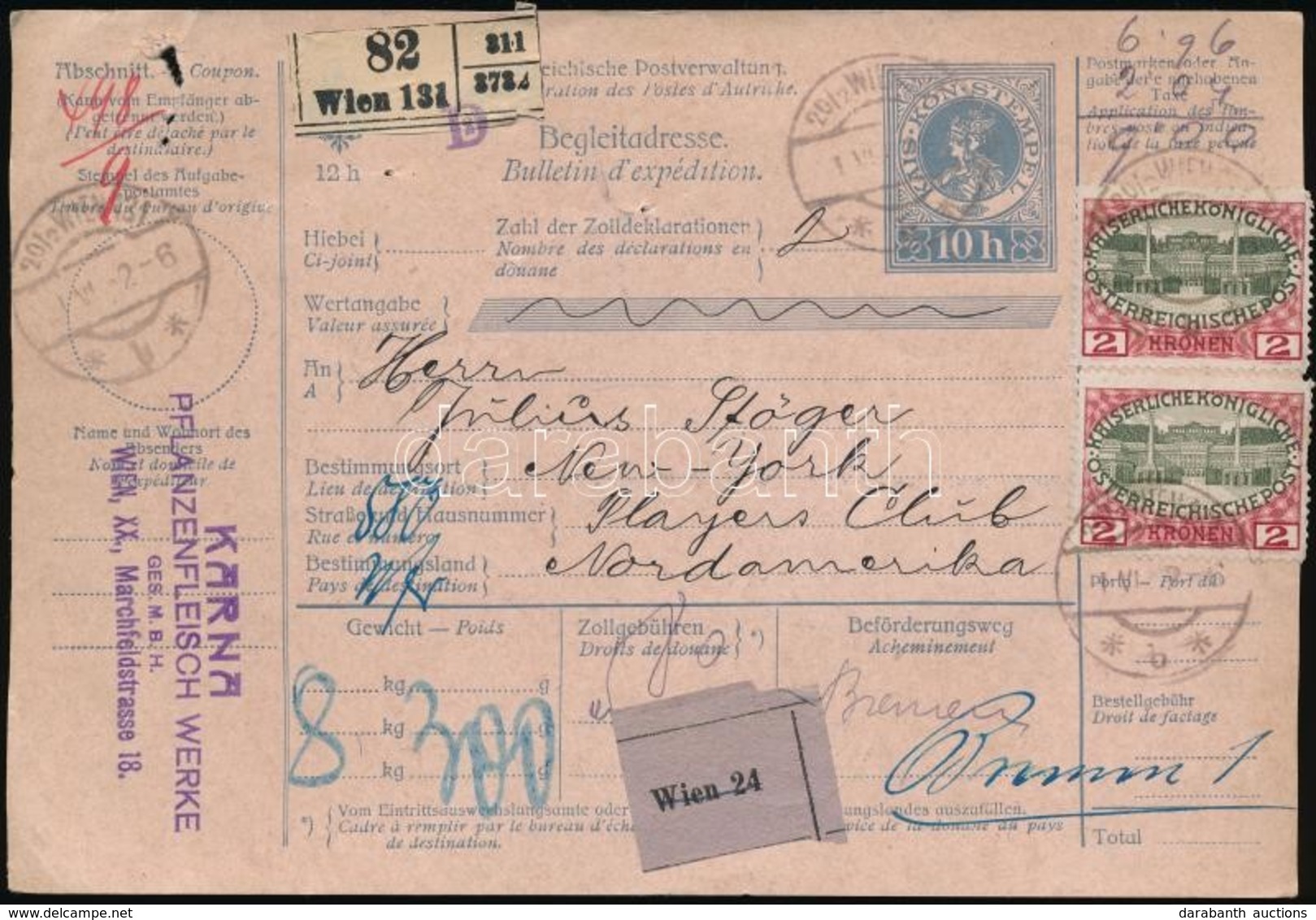 1912 Csomagszállító 9K Bérmentesítéssel New Yorkba / Parcel Card With 9K Franking To New York - Altri & Non Classificati