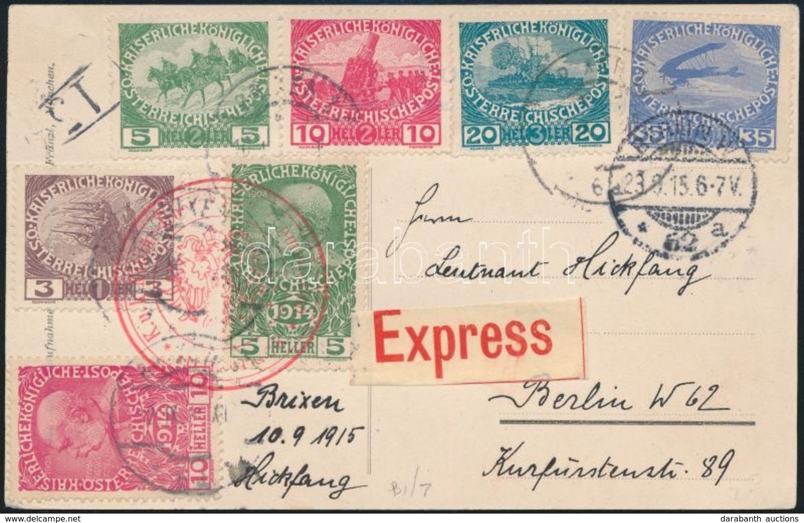 1915 Expressz Képeslap Hadisegély Bélyegekkel, Cenzúrázva Berlinbe / Express Postcard To Berlin 'BRIXEN' - Other & Unclassified