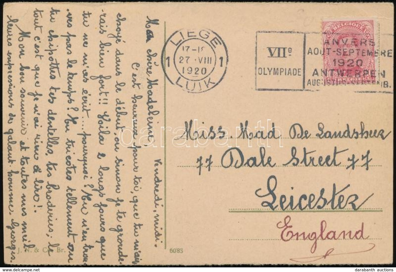 1920 Képeslap Az Antverpeni Olimpia Reklámbélyegzésével Angliába / Postcard With Olympic Games Advertising Postmark To E - Altri & Non Classificati