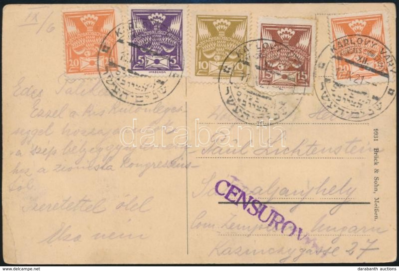 1921 Cionista Kongresszus Karlovy Vary, Képeslap Alkalmi Bélyegzéssel / Cionist Congress Special Cancellation On Censore - Altri & Non Classificati