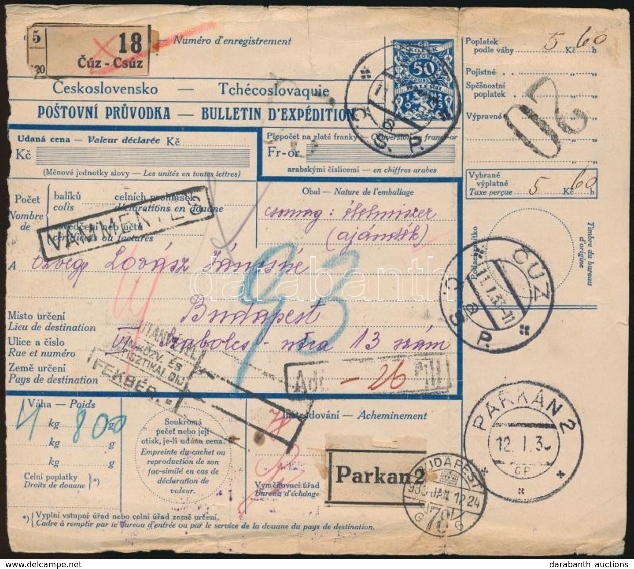 1933 Csomagszállító Levél / Parcel Card 'CSÚZ' - 'PÁRKÁNY' - 'BUDAPEST' - Altri & Non Classificati