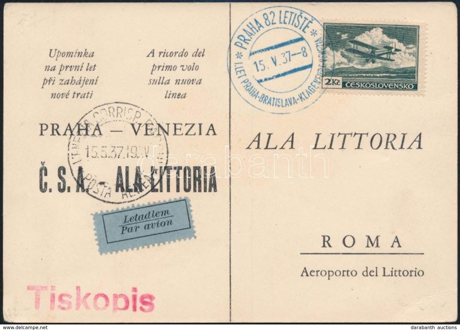 1937 Els? Repülés Képeslap / First Flight Card Praha-Venezia - Altri & Non Classificati