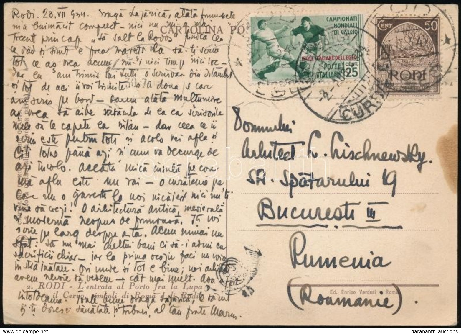 1934 Labdarúgó VB Bélyeggel Bérmentesített Képeslap Bukarestre / Football World Championship Stamp On Postcard To Bucare - Altri & Non Classificati