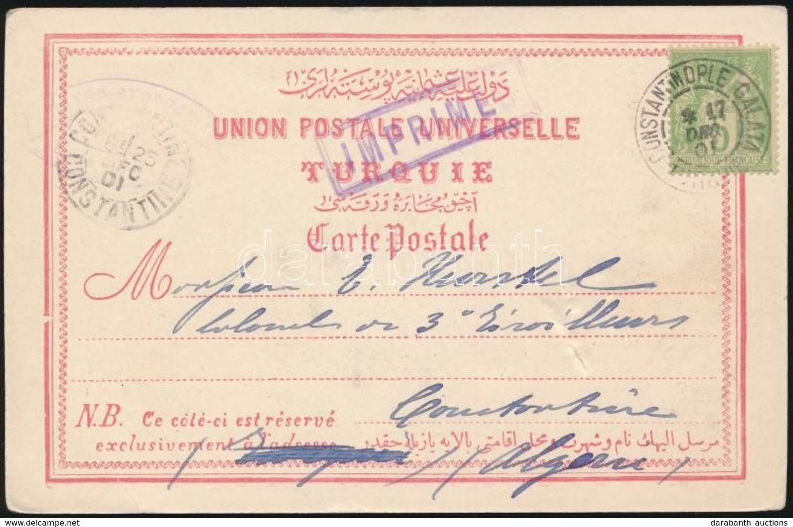 Francia Posta Levant 1901 Képeslap Konstantinápolyból Algériába / Postcard To Algeria - Altri & Non Classificati