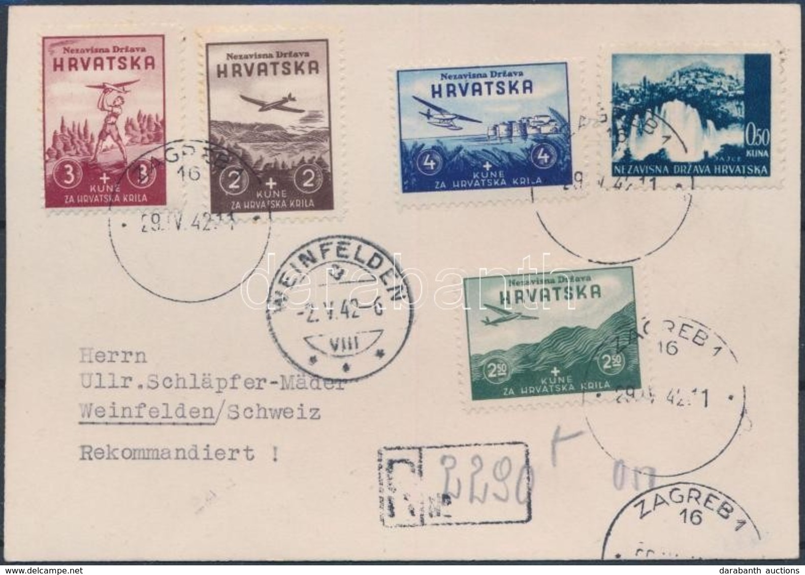 1942 Repül? Modell Kiállítás Sor Mi 70-73 Ajánlott Levelez?lapon / On Registered Postcard To Switzerland - Other & Unclassified