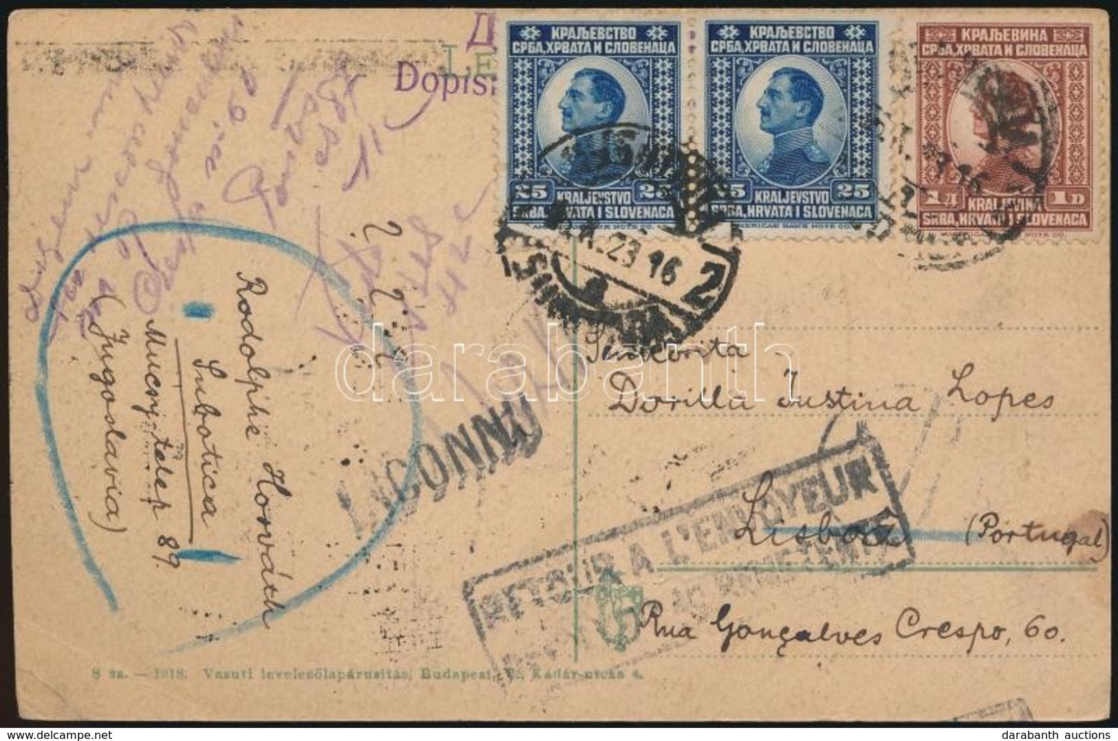 1923 Képeslap Portugáliába, Visszaküldve / Postcard To Portugal, Returned - Altri & Non Classificati