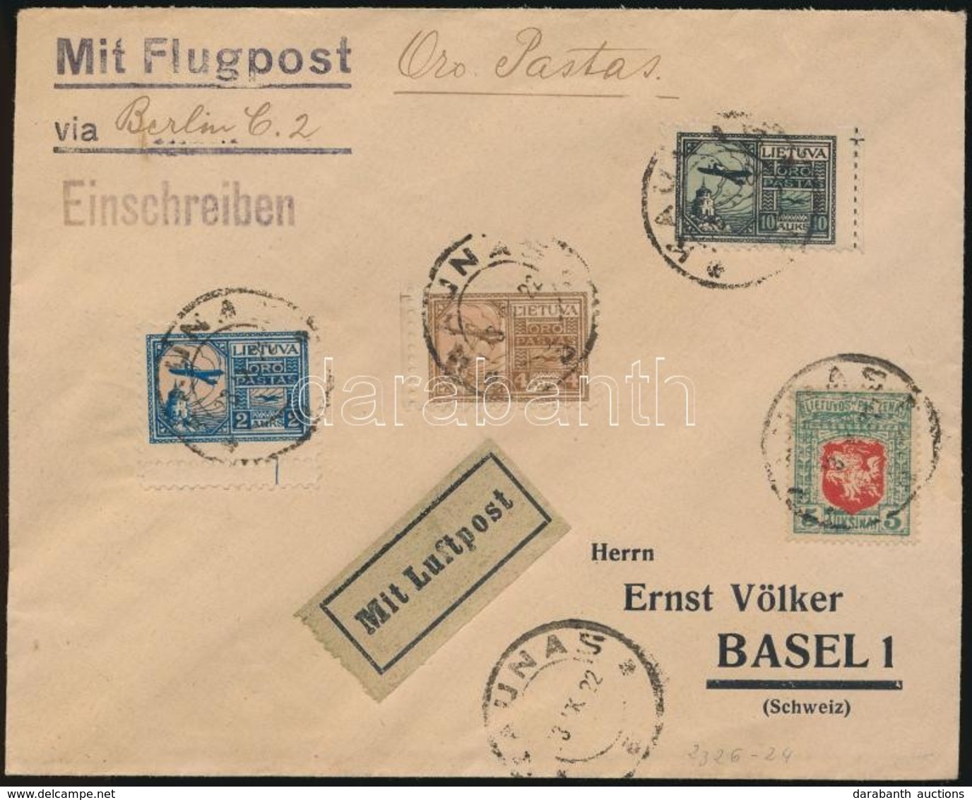 1922 Légiposta Levél  / Airmail Cover 'KAUNAS' - Basel - Altri & Non Classificati