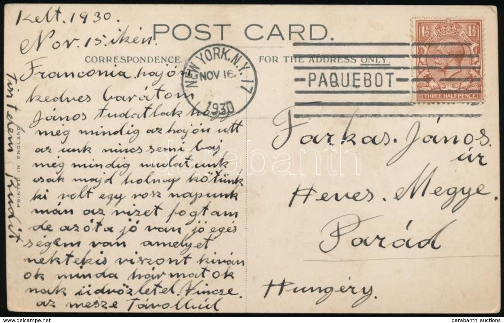 1930 Hajóposta Képeslap A Franconia Hajóról / Paquebot Postcard From Steamer Franconia - Altri & Non Classificati