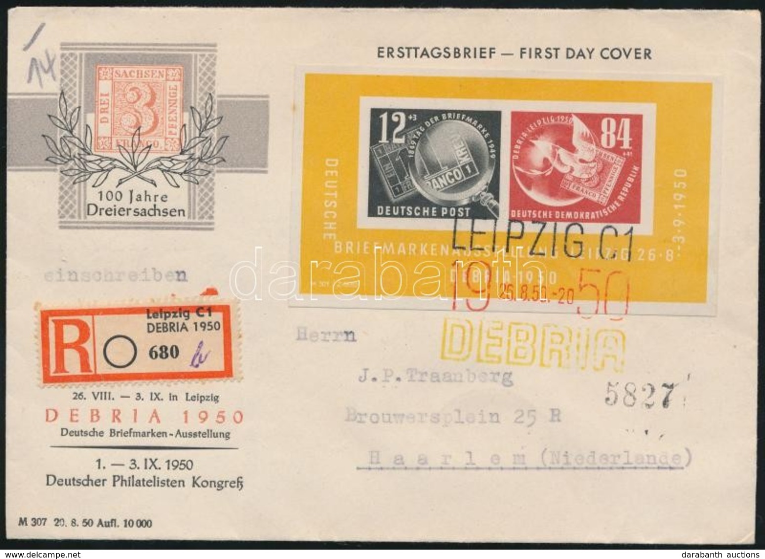 1950 DEBRIA Blokk Díjkiegészített FDC Hollandiába - Altri & Non Classificati