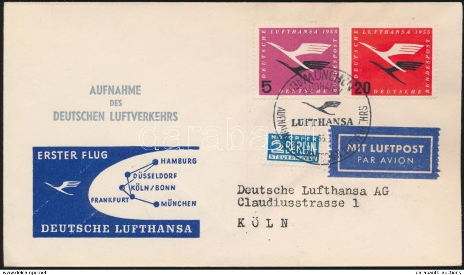 1955 Lufthansa Els? Repülés Levél / First Flight Cover München - Köln - Altri & Non Classificati