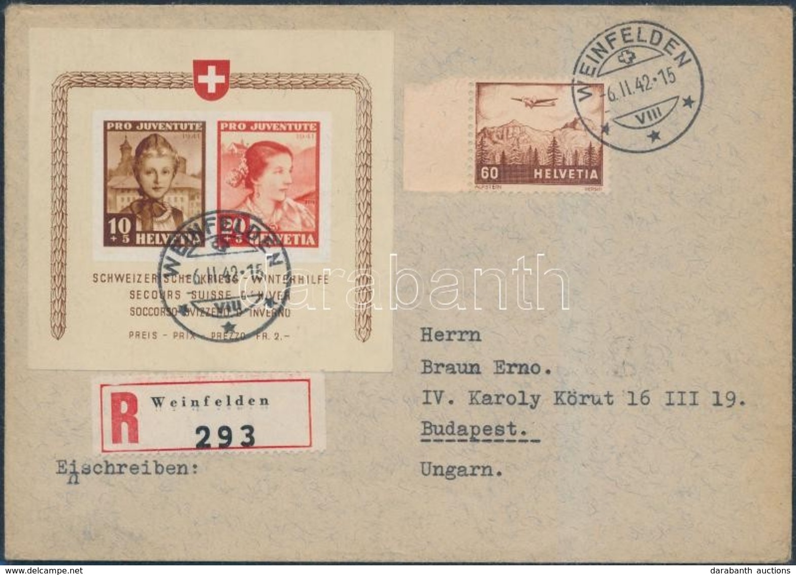 1941 Pro Juventute Blokk Mi 6 Ajánlott Levélen Budapestre / On Registered Cover To Hungary - Altri & Non Classificati