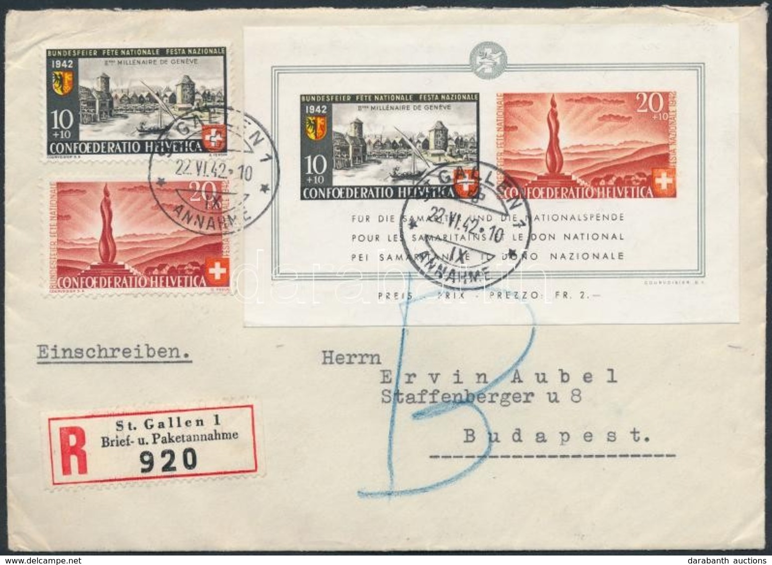 1942 Pro Patria Blokk Ajánlott Levélen Budapestre / Mi Block 7 On Registered Cover To Hungary - Altri & Non Classificati