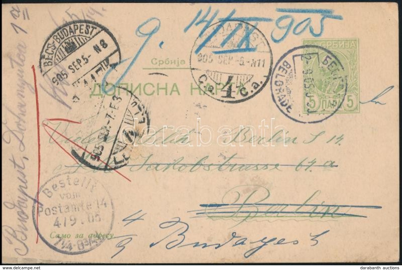 1905 Díjjegyes Levelez?lap Berlinbe, Továbbküldve Budapestre / PS-card To Berlin, Redirected To Budapest - Altri & Non Classificati