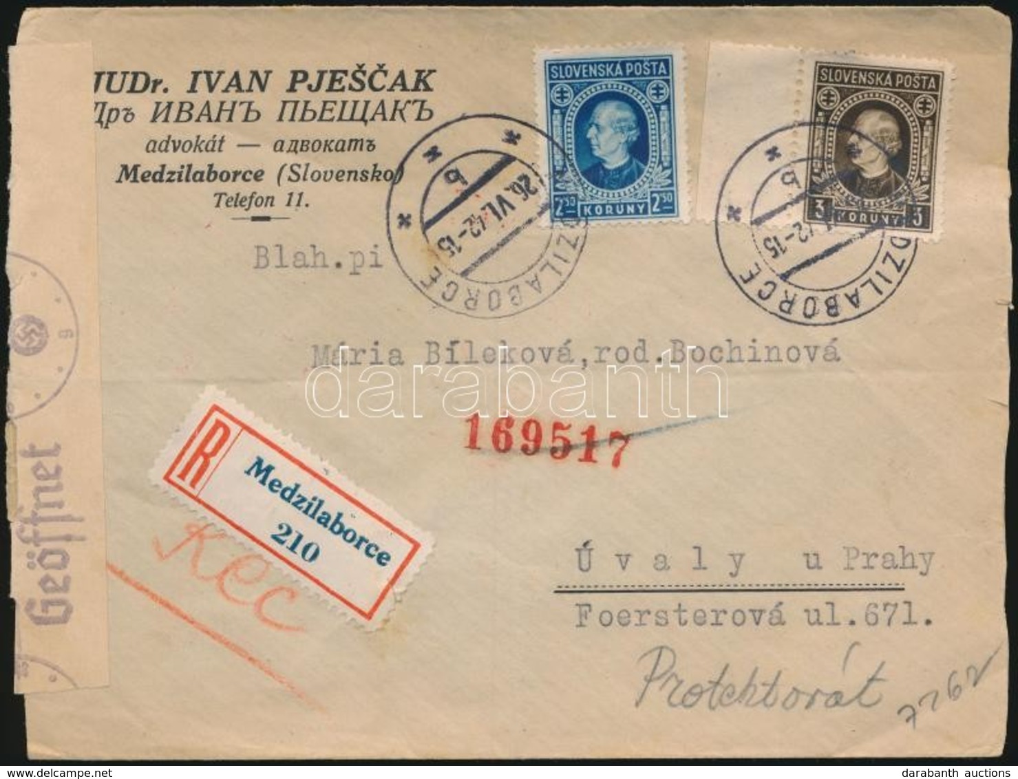 1942 Cenzúrás Ajánlott Levél A Protektorátusba / Censored Registered Cover To Böhmen Und Mähren - Altri & Non Classificati