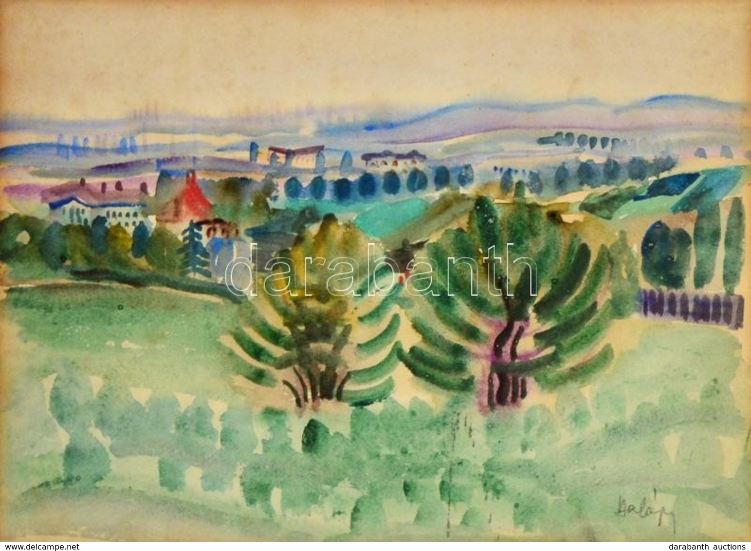 Halápy János (1893-1960): Kilátás A Domról. Akvarell, Papír, Jelzett, üvegezett Keretben, 25×35 Cm - Altri & Non Classificati