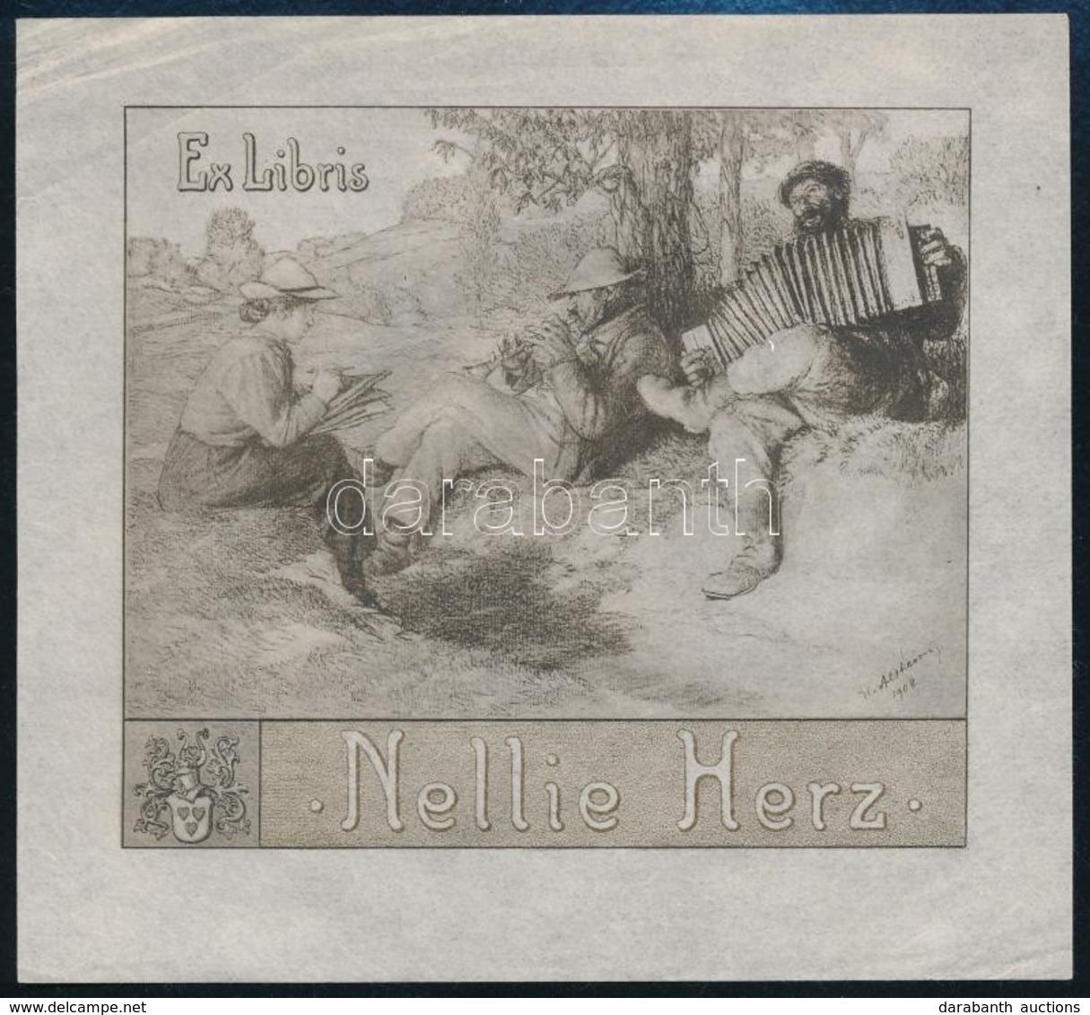 Altheim, Wilhelm (1871-1914): Ex Libris Nellie Herz, Klisé, Papír, Jelzett A Klisén, 10×11 Cm - Other & Unclassified