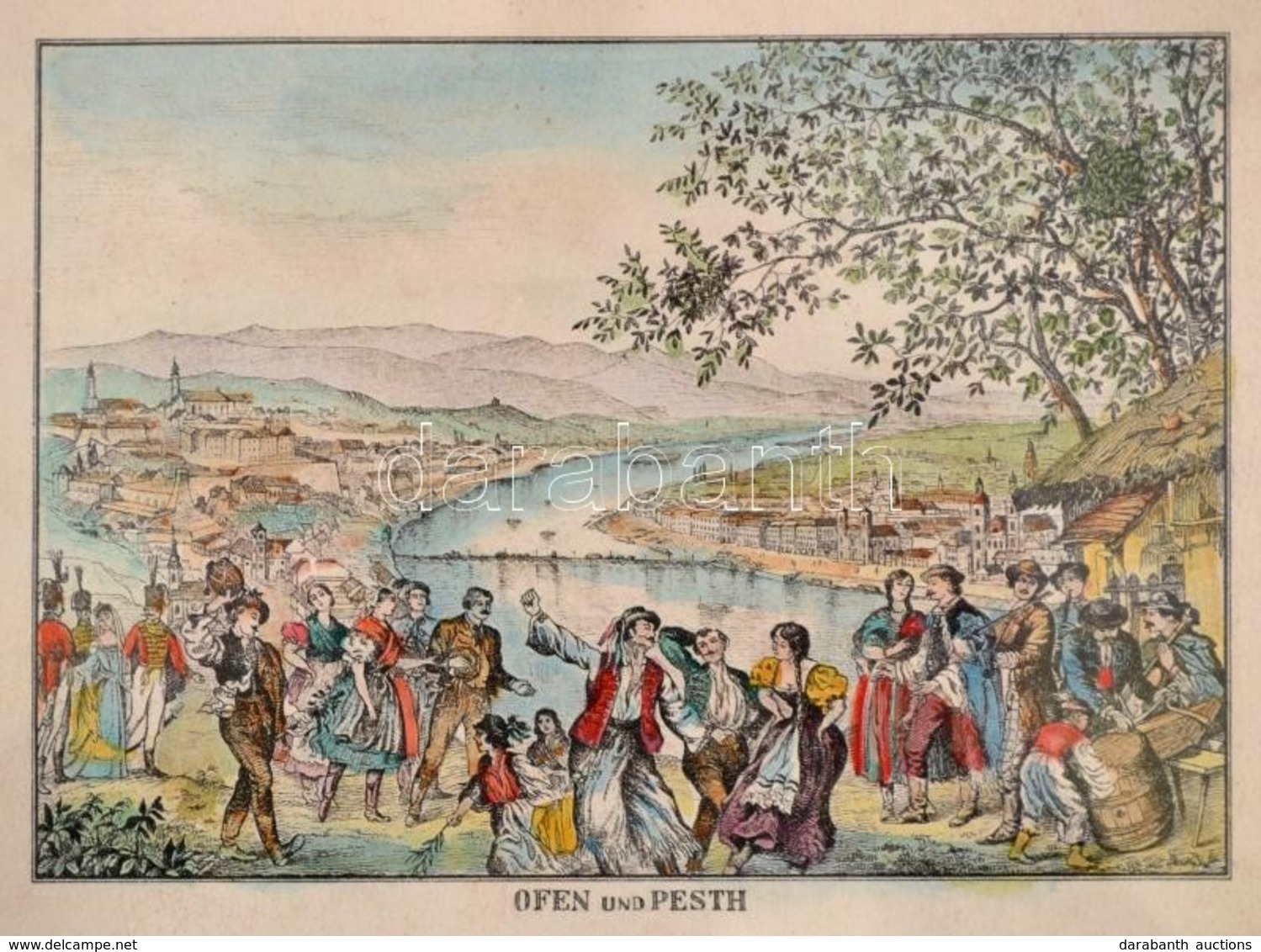 Cca 1830 Ofen Und Pesth, Pest-Buda Látképe Dél Fel?l, Hajóhíddal, Az El?térben Mulató Emberekkel, Színezett Rézmetszet,  - Prints & Engravings