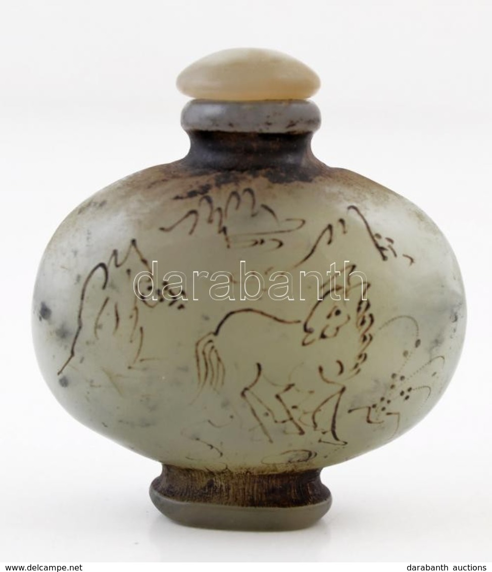 Kínai Feliratos, Lovat ábrázoló Jade Tubákos üvegcse / Chinese Jade Snuff Flask With Description And An Image Of A Horse - Other & Unclassified