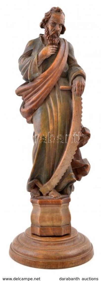 XIX. Sz.: Szent József Faragott Fa Szobor Talapzaton. / Saint Joseph Carved Wooden Statue 45 Cm - Altri & Non Classificati