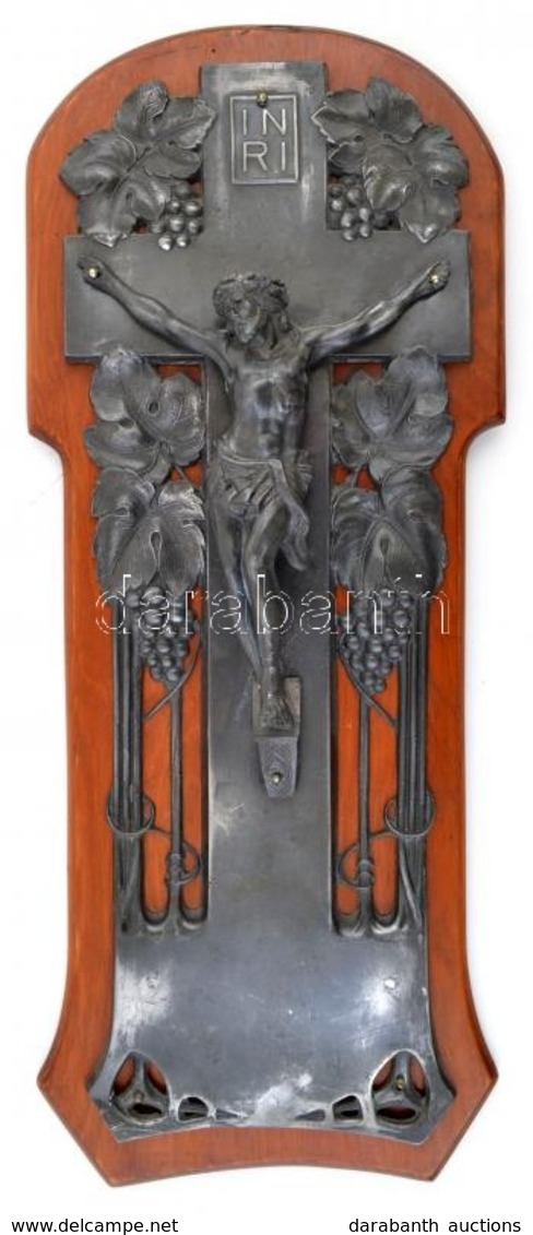 Cca 1910 Szecessziós ón Feszület Fa Alapon. / Art Nouveau Tin Crucifix On Wood Base 40x18 Cm - Altri & Non Classificati