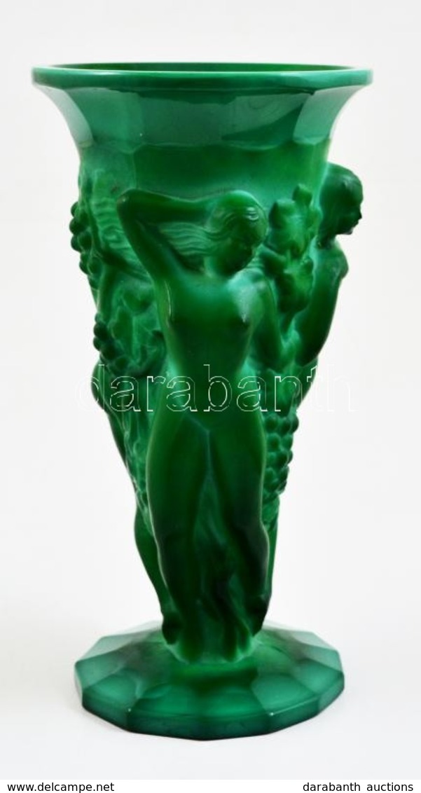 Cca 1930 Kurt Schlevogt Tervezte Malachit üveg Váza, Figurális Díszítéssel, Jelzés Nélkül, Nagyon Apró Csorbával, M:22 C - Glas & Kristall