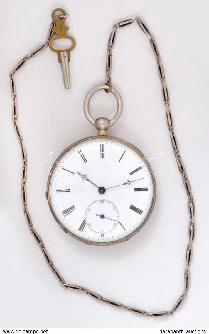 Ezüst Zsebóra, Ezüst óralánccal, Kulcsos Szerkezettel, Szép, M?köd? állapotban / Silver Pocket Watch - Altri & Non Classificati