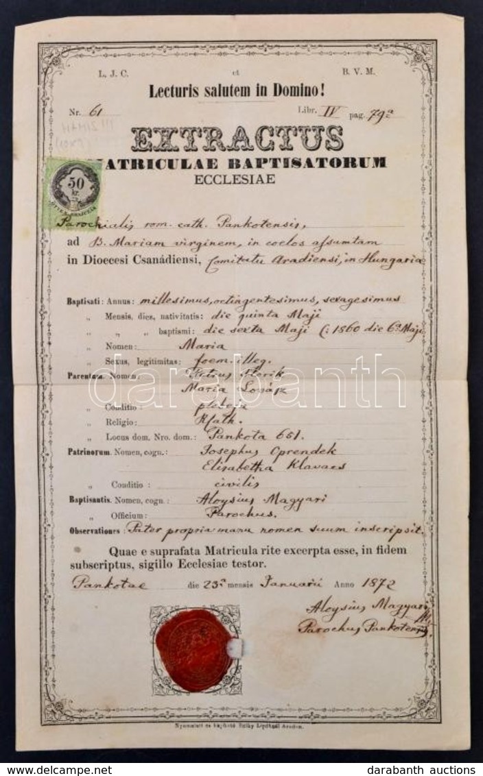 1872 Hamis 50kr Okmánybélyeg Teljes Okmányon / 1872 Forged 50kr Document Stamp On Document. - Unclassified