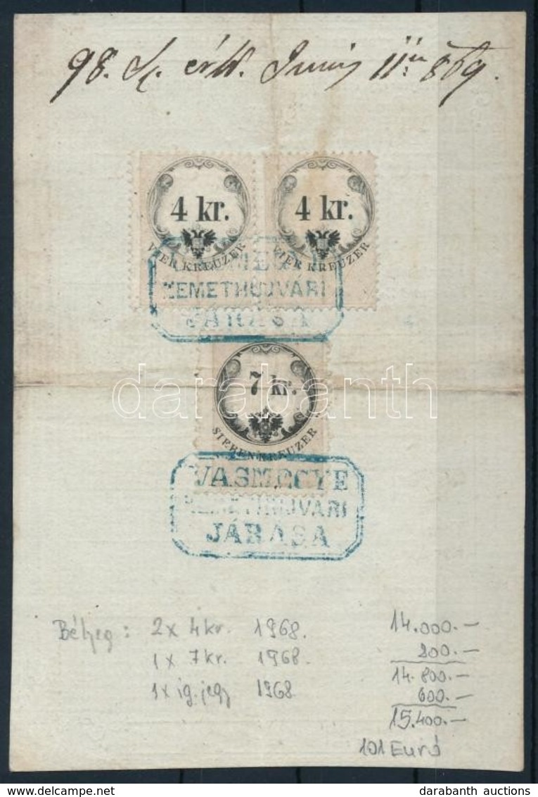 1869 2x4kr + 7kr Okmánybélyeg Igazolólapon / Document Stamps On Id - Unclassified