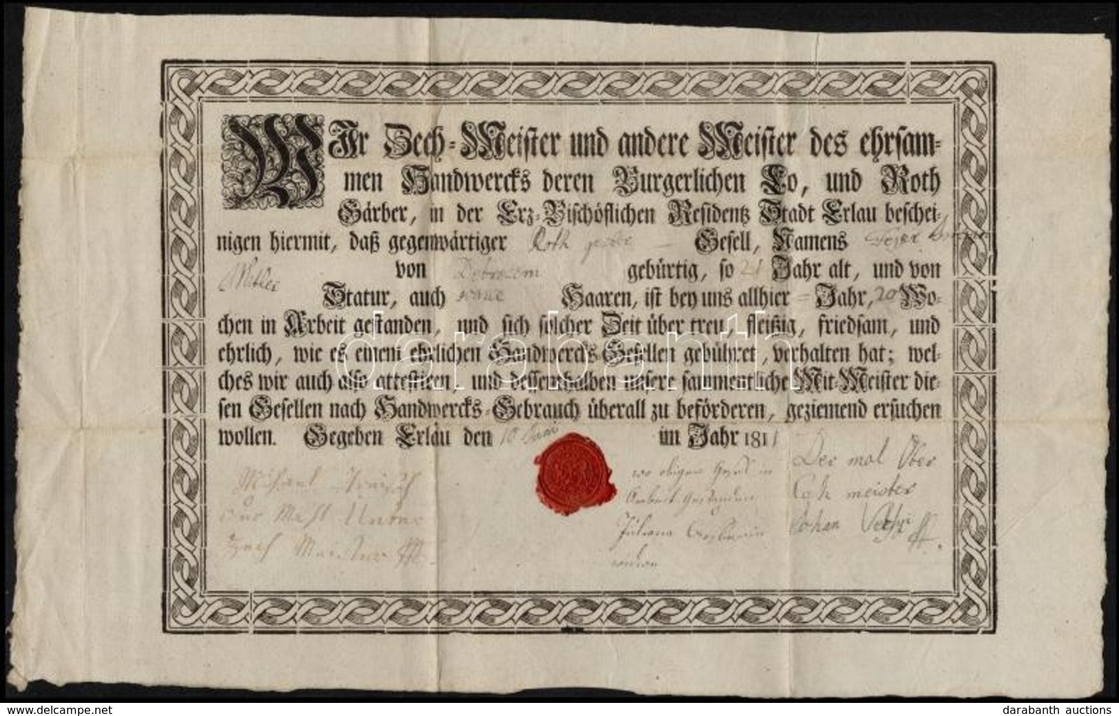 1811 Eger (Erlau) Kézm?ves Céh Céhlevele Debreceni Születés? Legény Részére. Rézmetszet, Viaszpecséttel / Guild Warrant. - Non Classificati