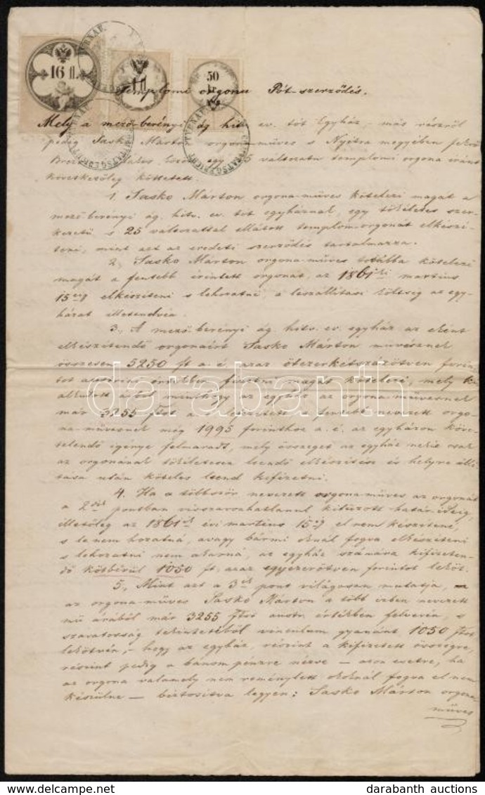 1860 Mez?berény Templomi Orgona Pótszerz?dés 1858-as Réznyomású 16fl, 1fl és 50kr Okmánybélyegekkel / Agreement With Fis - Unclassified